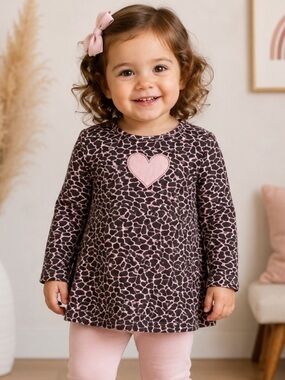 Baby J Khaki Girls 18M Pink Leopard Print Heart Tunic Long Sleeve Top